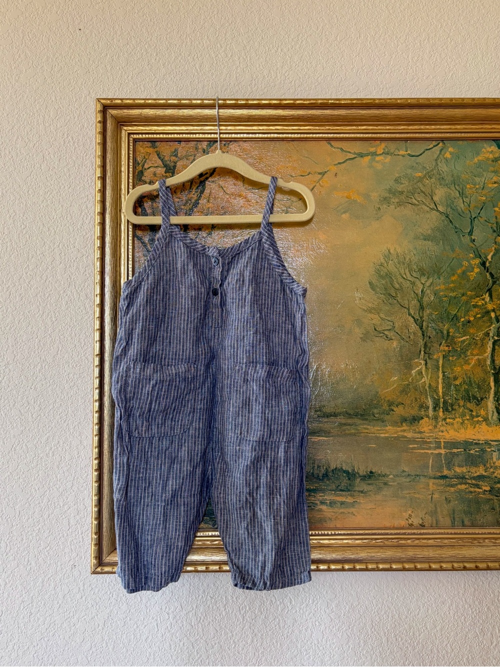 Striped Blue Linen-Blend kids Jumpsuit